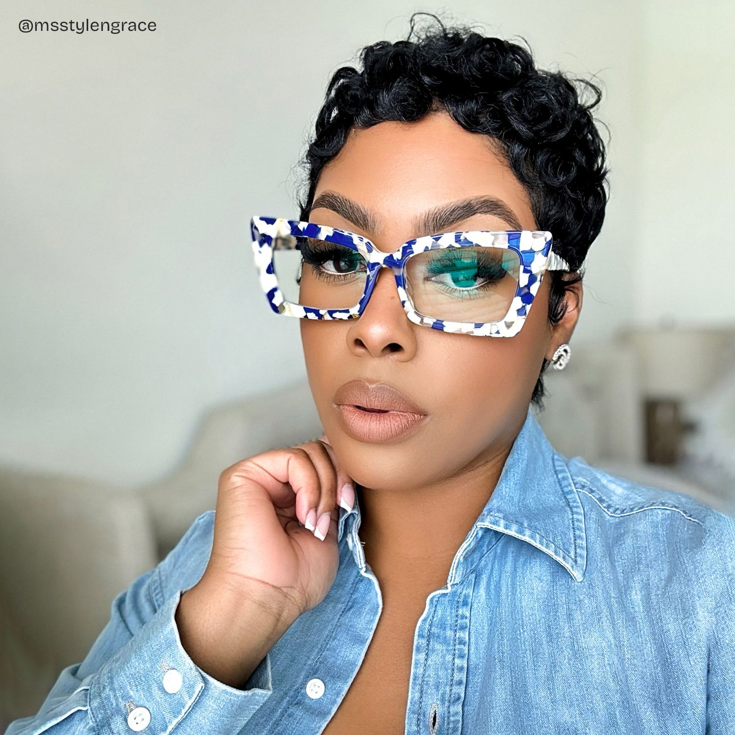 Newell Rectangle Blue-Floral Frame Glasses | Zeelool Optical6